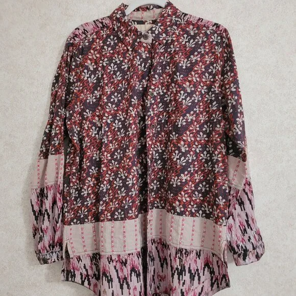Patchwork BoHo Womens Pink Red Blue Territory Ahead Shirt Long Length Size M - Picture 1 of 15
